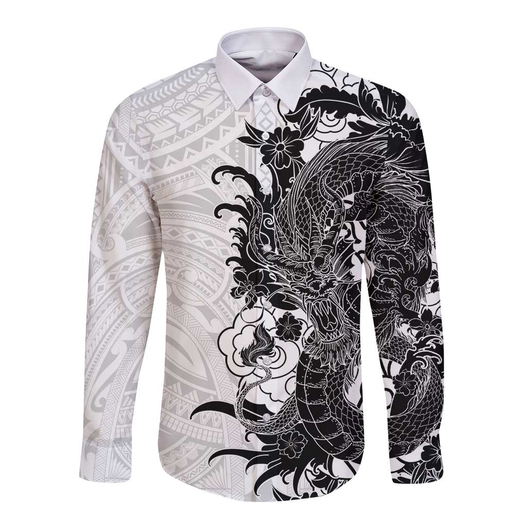 Hawaiian And Japanese Culture Long Sleeve Button Shirt Irezumi Dragon With Polynesian Pattern White - Polynesian Pride