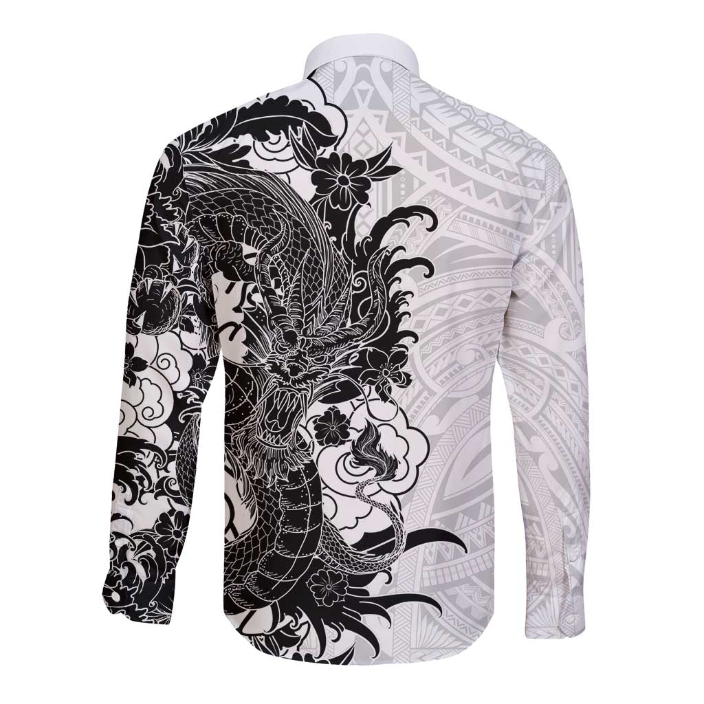 Hawaiian And Japanese Culture Long Sleeve Button Shirt Irezumi Dragon With Polynesian Pattern White - Polynesian Pride