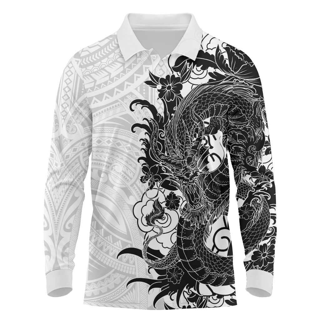 Hawaiian And Japanese Culture Long Sleeve Polo Shirt Irezumi Dragon With Polynesian Pattern White - Polynesian Pride