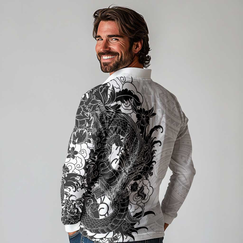 Hawaiian And Japanese Culture Long Sleeve Polo Shirt Irezumi Dragon With Polynesian Pattern White - Polynesian Pride