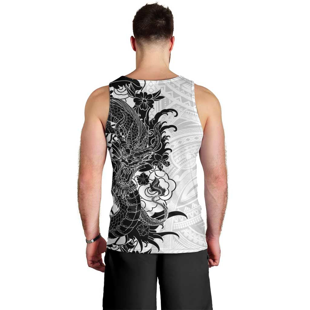 Hawaiian And Japanese Culture Men Tank Top Irezumi Dragon With Polynesian Pattern White - Polynesian Pride