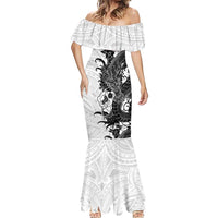 Hawaiian And Japanese Culture Mermaid Dress Irezumi Dragon With Polynesian Pattern White - Polynesian Pride