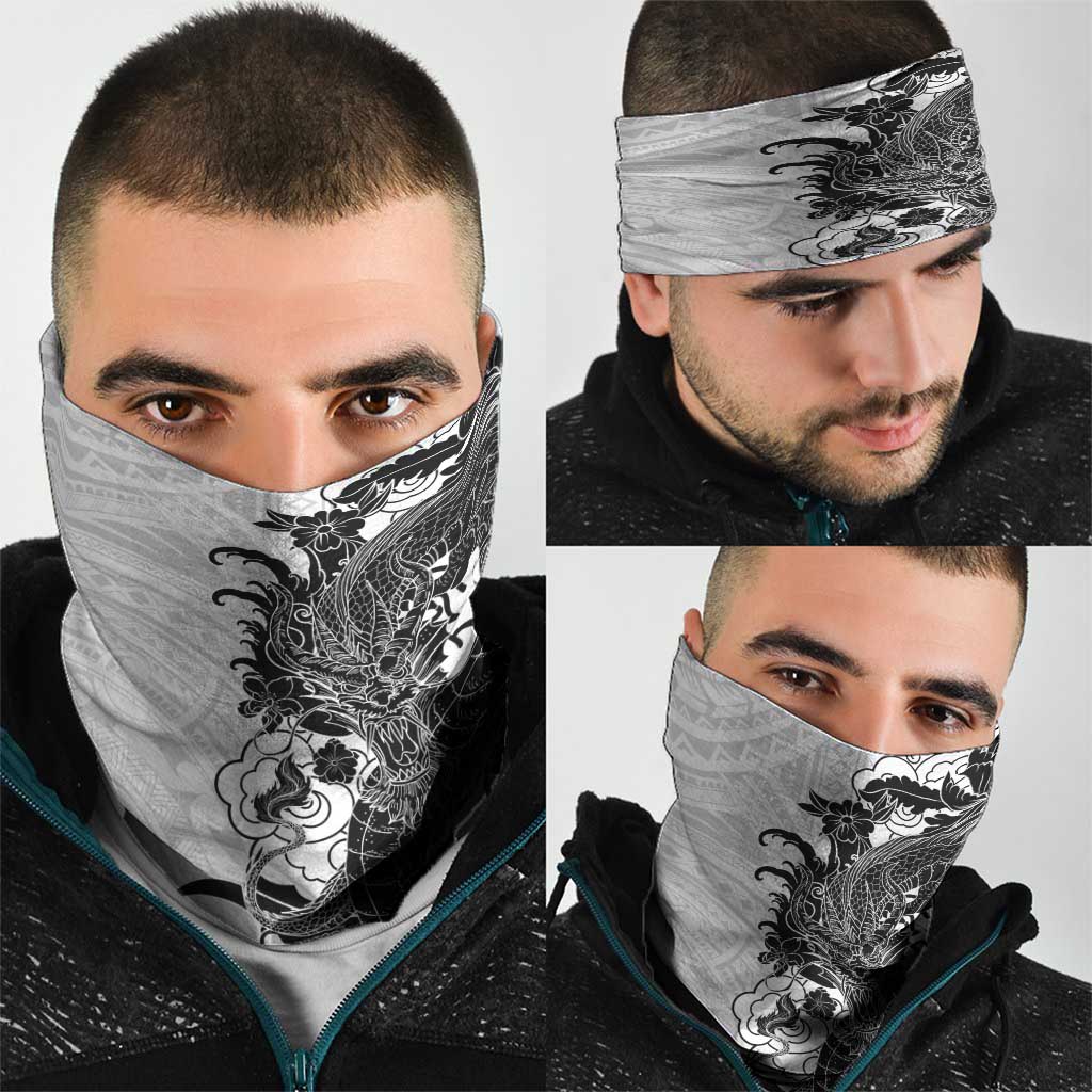 Hawaiian And Japanese Culture Neck Gaiter Irezumi Dragon With Polynesian Pattern White - Polynesian Pride