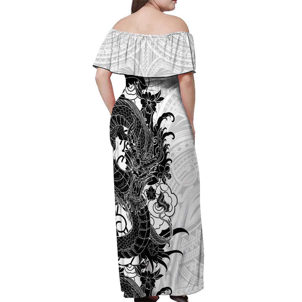 Hawaiian And Japanese Culture Off Shoulder Maxi Dress Irezumi Dragon With Polynesian Pattern White - Polynesian Pride