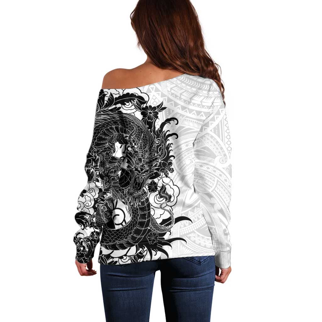 Hawaiian And Japanese Culture Off Shoulder Sweater Irezumi Dragon With Polynesian Pattern White - Polynesian Pride