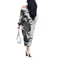 Hawaiian And Japanese Culture Off The Shoulder Long Sleeve Dress Irezumi Dragon With Polynesian Pattern White - Polynesian Pride