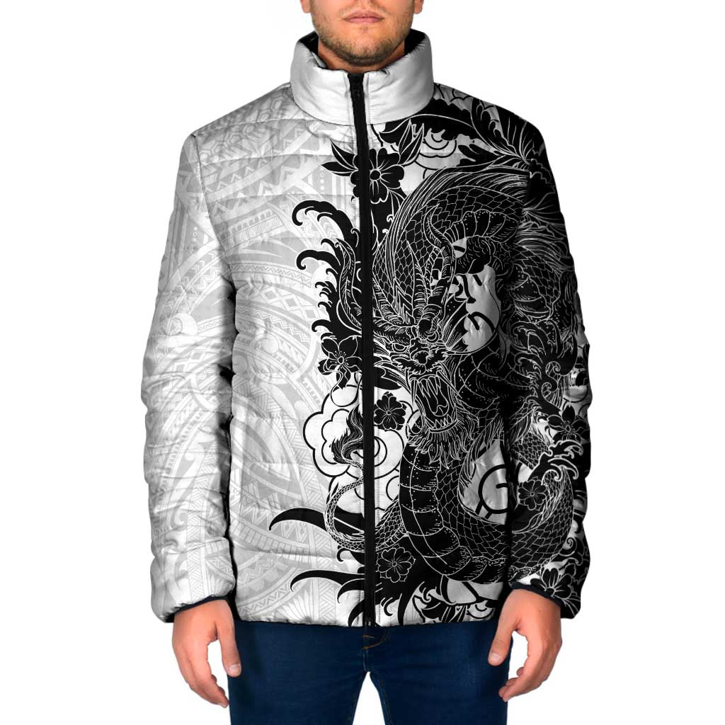Hawaiian And Japanese Culture Padded Jacket Irezumi Dragon With Polynesian Pattern White - Polynesian Pride