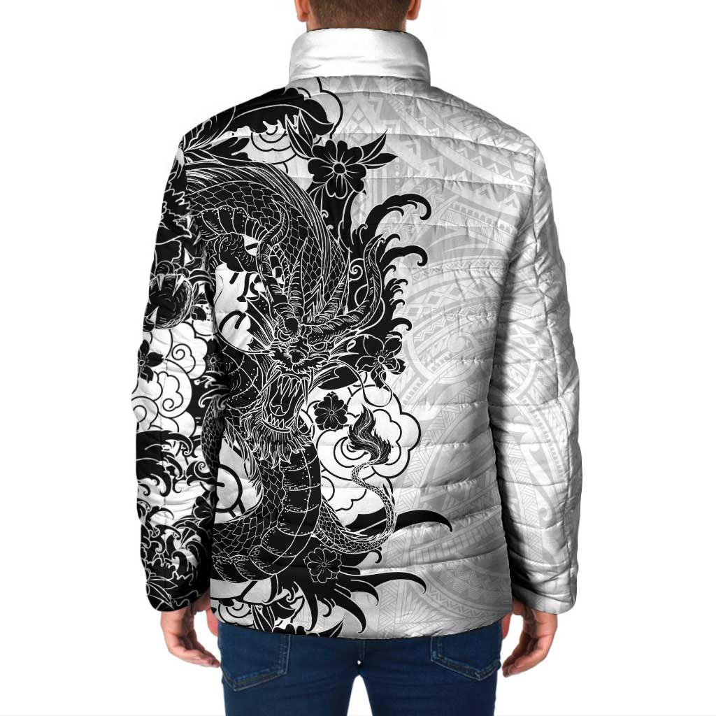 Hawaiian And Japanese Culture Padded Jacket Irezumi Dragon With Polynesian Pattern White - Polynesian Pride