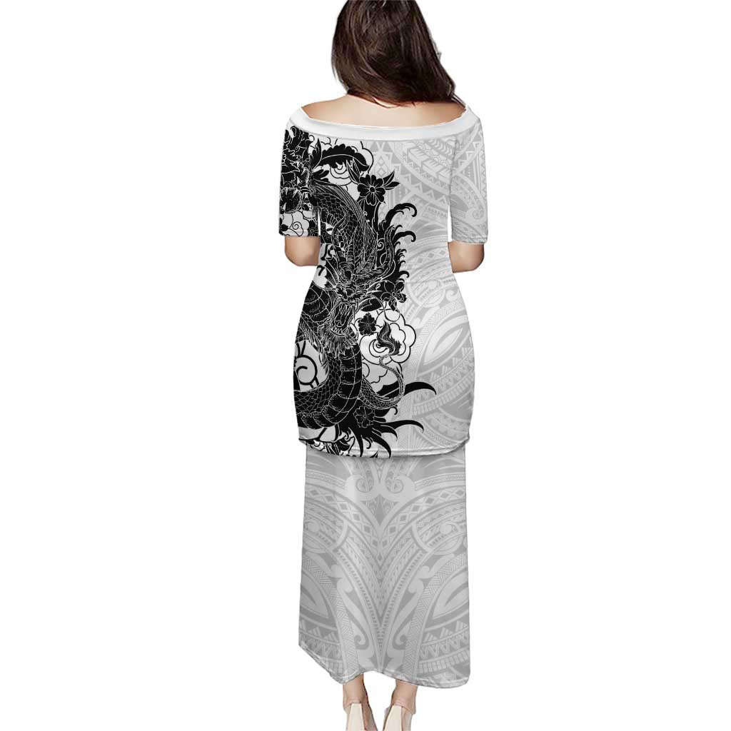 Hawaiian And Japanese Culture Puletasi Irezumi Dragon With Polynesian Pattern White - Polynesian Pride