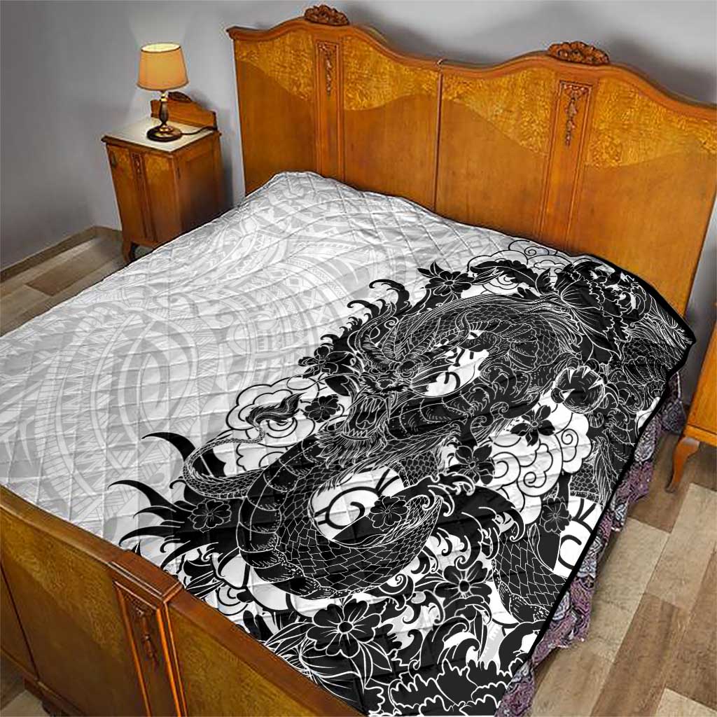 Hawaiian And Japanese Culture Quilt Irezumi Dragon With Polynesian Pattern White - Polynesian Pride