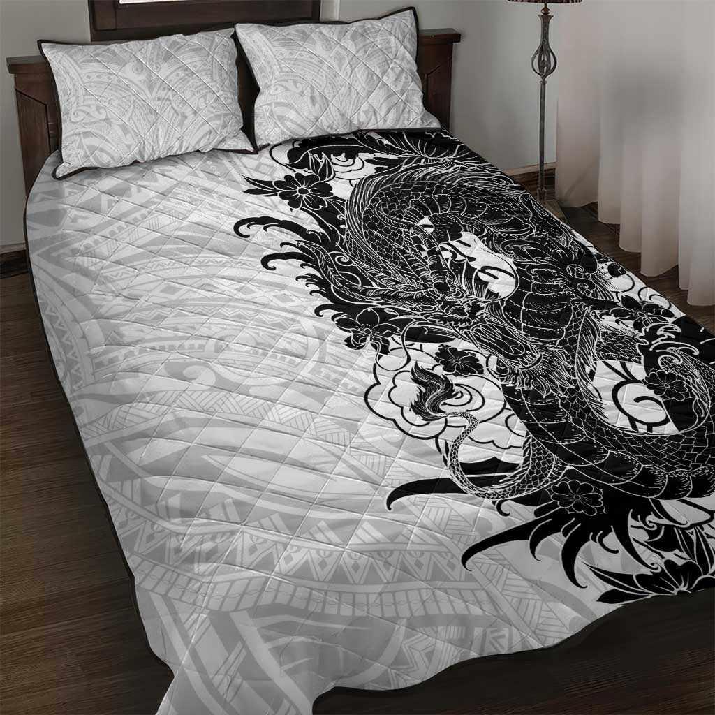 Hawaiian And Japanese Culture Quilt Bed Set Irezumi Dragon With Polynesian Pattern White - Polynesian Pride
