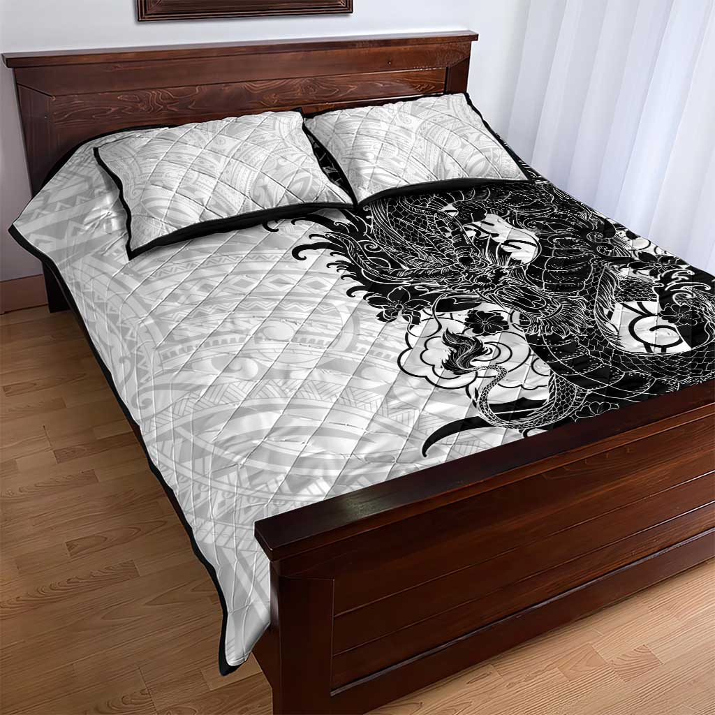 Hawaiian And Japanese Culture Quilt Bed Set Irezumi Dragon With Polynesian Pattern White - Polynesian Pride