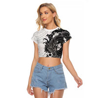Hawaiian And Japanese Culture Raglan Cropped T Shirt Irezumi Dragon With Polynesian Pattern White - Polynesian Pride