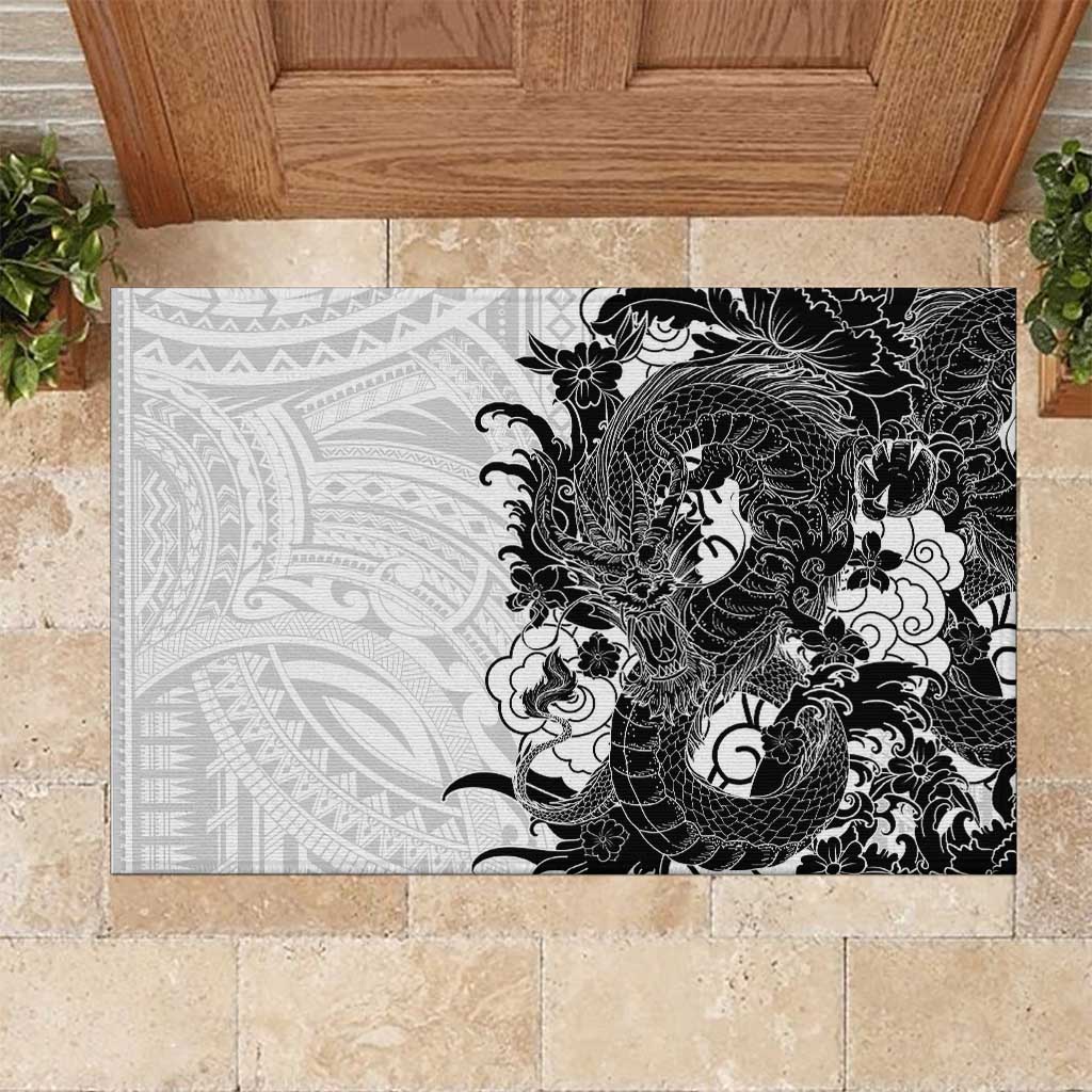 Hawaiian And Japanese Culture Rubber Doormat Irezumi Dragon With Polynesian Pattern White - Polynesian Pride