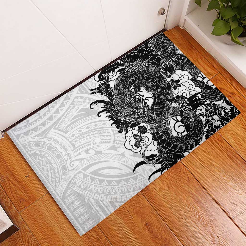 Hawaiian And Japanese Culture Rubber Doormat Irezumi Dragon With Polynesian Pattern White - Polynesian Pride