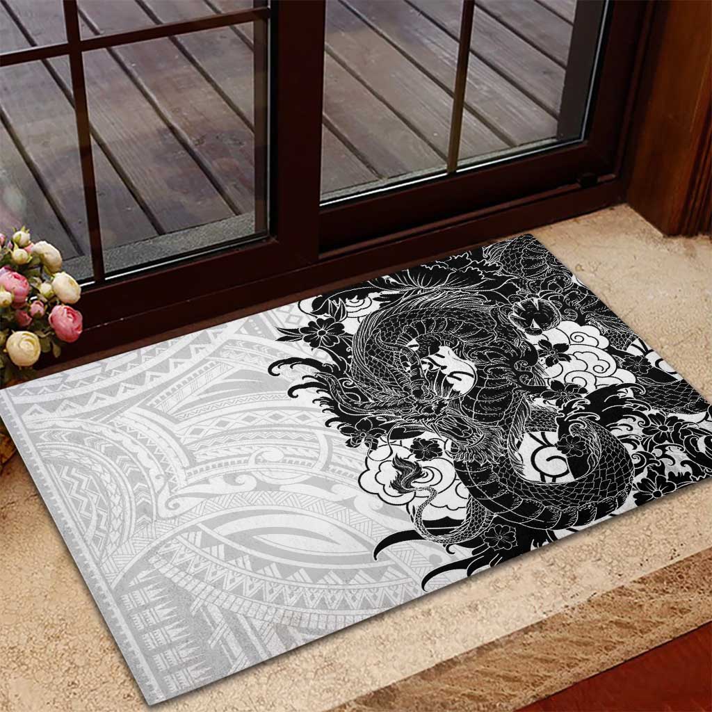 Hawaiian And Japanese Culture Rubber Doormat Irezumi Dragon With Polynesian Pattern White - Polynesian Pride