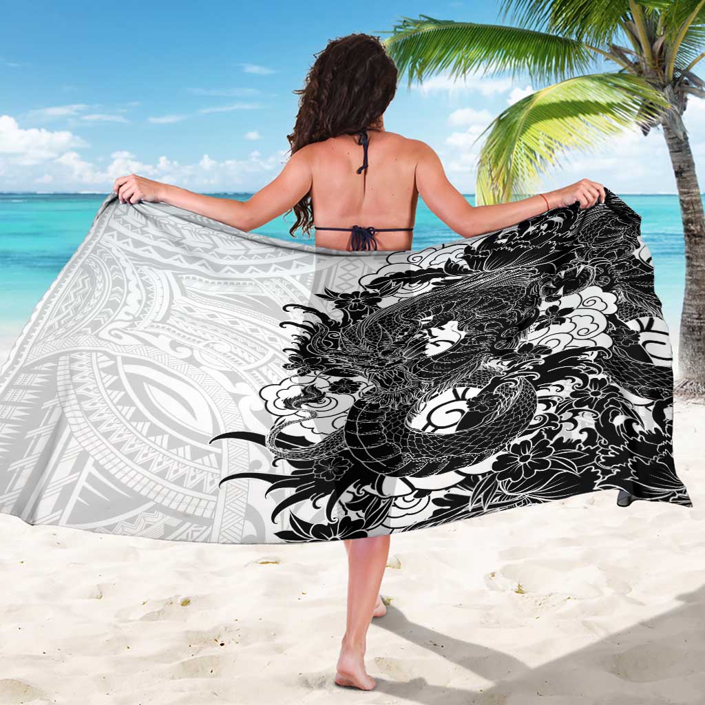 Hawaiian And Japanese Culture Sarong Irezumi Dragon With Polynesian Pattern White - Polynesian Pride