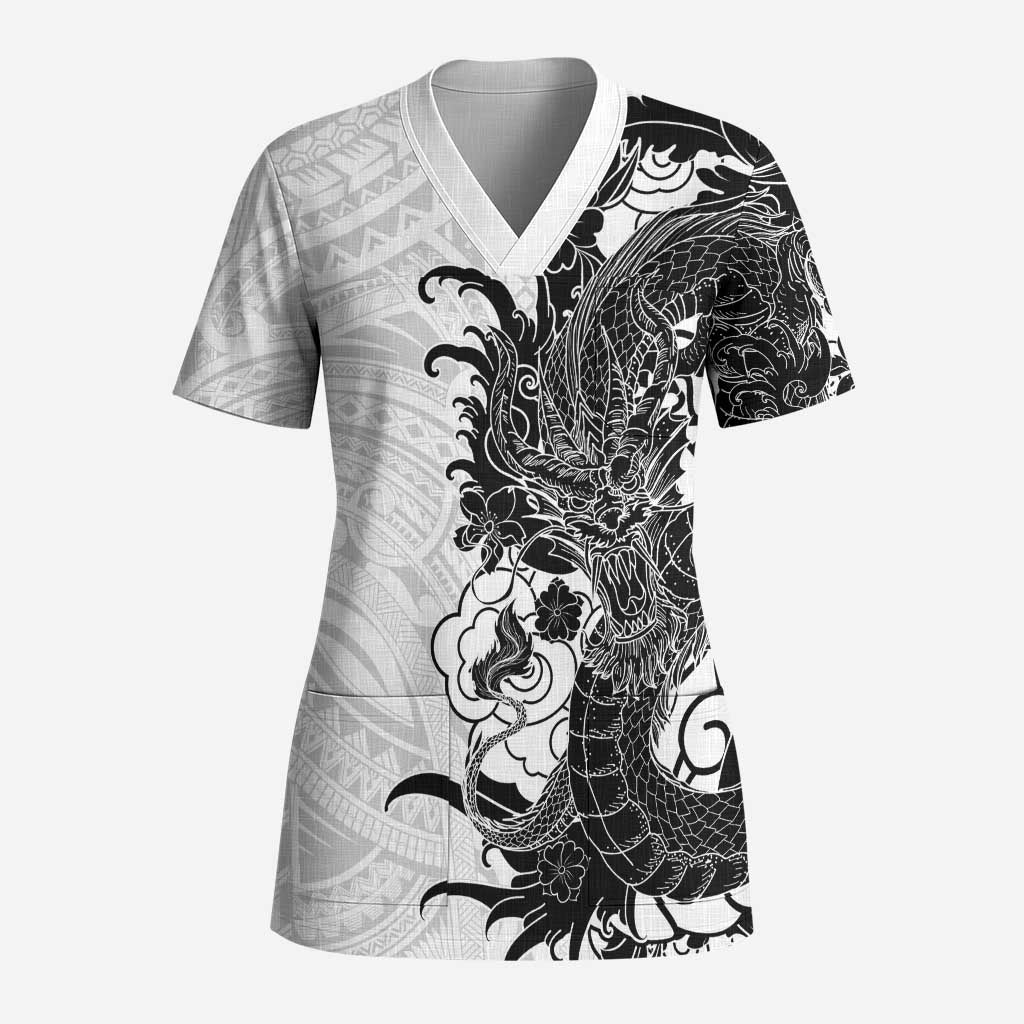 Hawaiian And Japanese Culture Scrub Top Irezumi Dragon With Polynesian Pattern White - Polynesian Pride