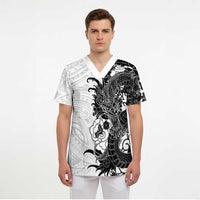 Hawaiian And Japanese Culture Scrub Top Irezumi Dragon With Polynesian Pattern White - Polynesian Pride