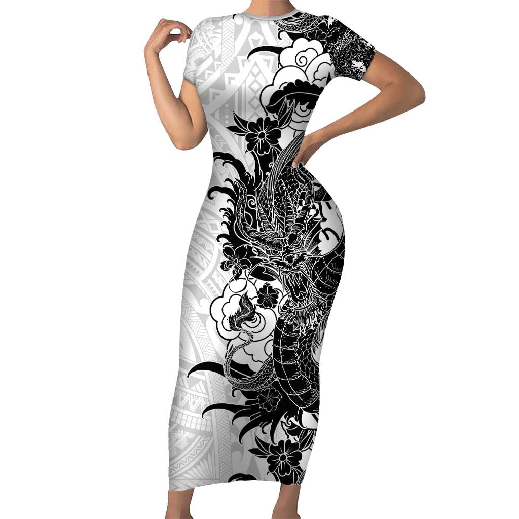 Hawaiian And Japanese Culture Short Sleeve Bodycon Dress Irezumi Dragon With Polynesian Pattern White - Polynesian Pride
