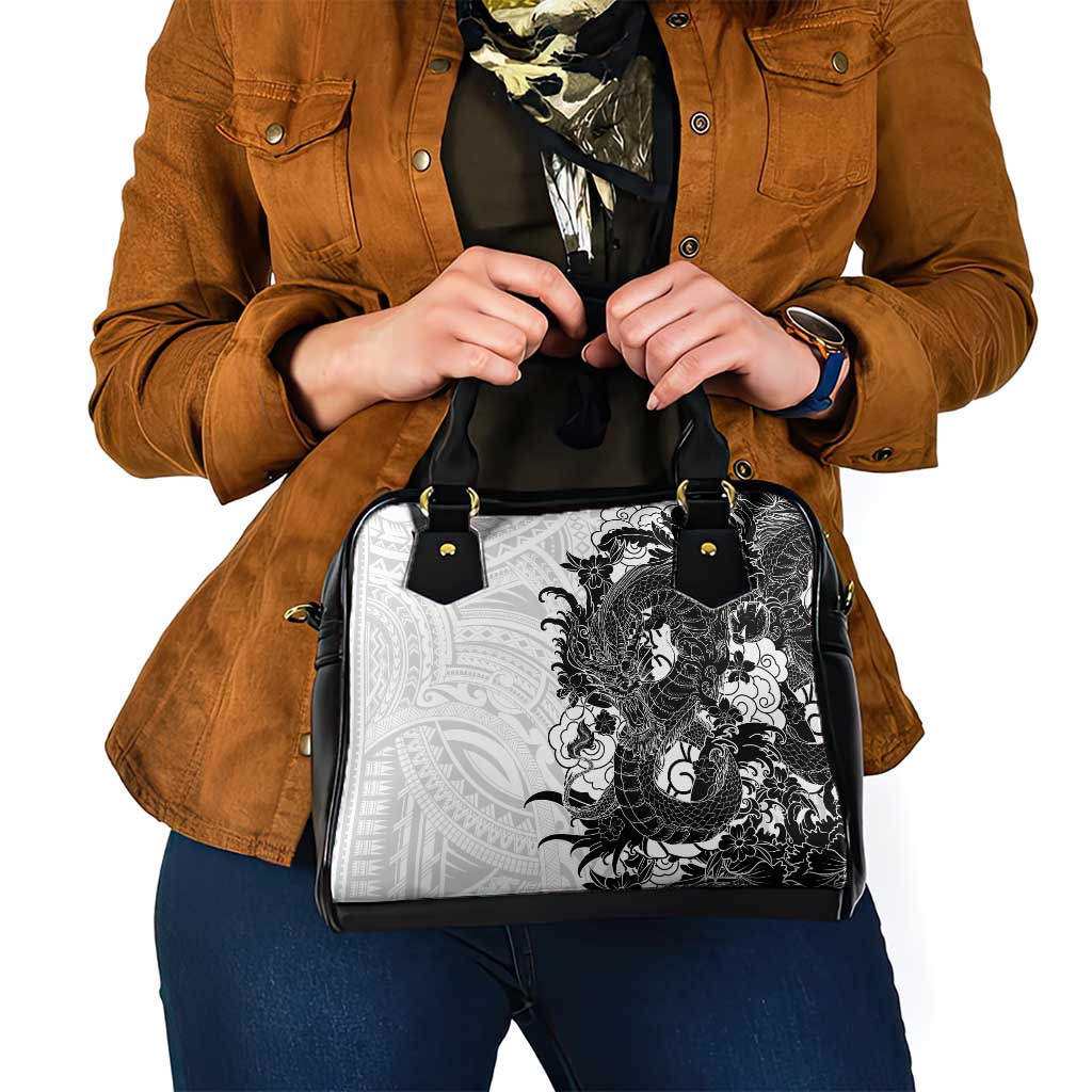 Hawaiian And Japanese Culture Shoulder Handbag Irezumi Dragon With Polynesian Pattern White - Polynesian Pride