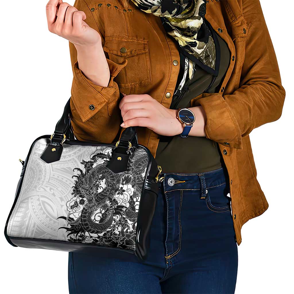 Hawaiian And Japanese Culture Shoulder Handbag Irezumi Dragon With Polynesian Pattern White - Polynesian Pride