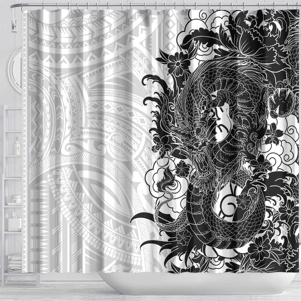 Hawaiian And Japanese Culture Shower Curtain Irezumi Dragon With Polynesian Pattern White - Polynesian Pride