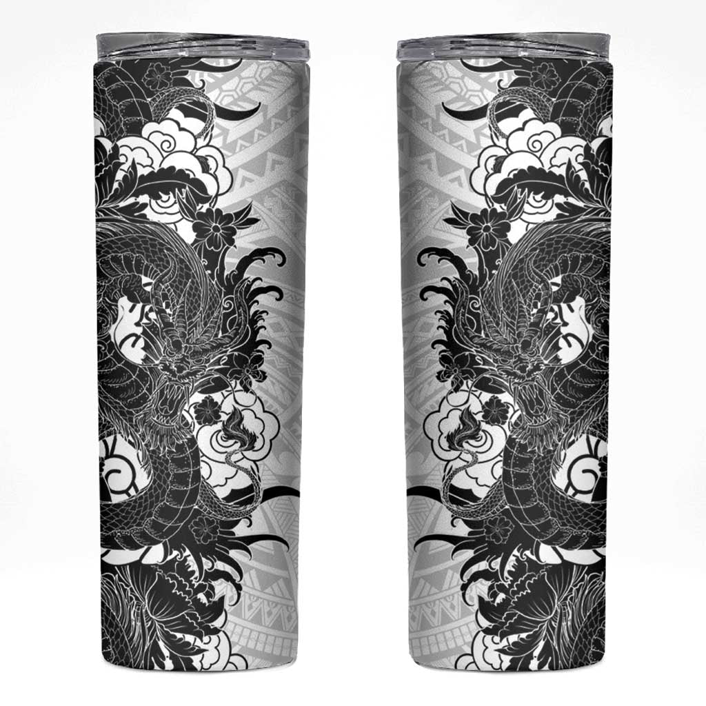Hawaiian And Japanese Culture Skinny Tumbler Irezumi Dragon With Polynesian Pattern White - Polynesian Pride