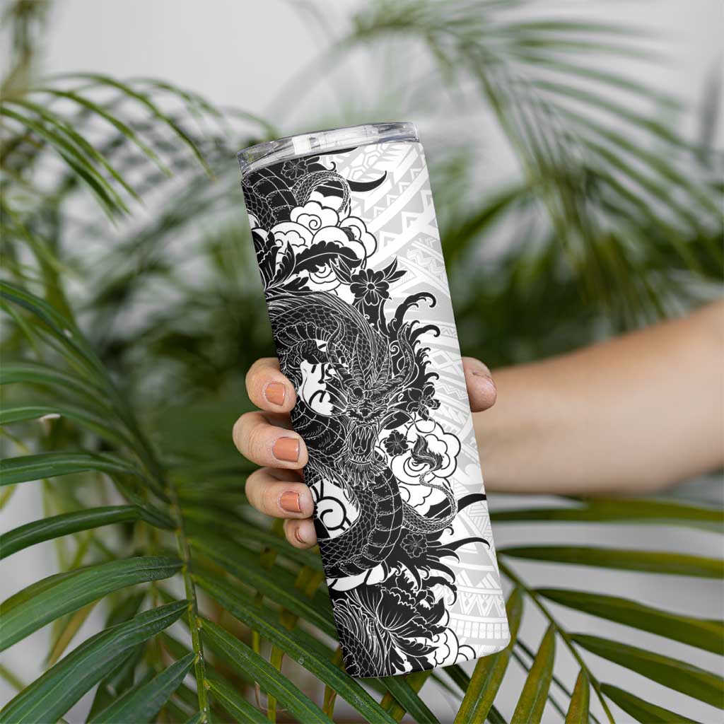 Hawaiian And Japanese Culture Skinny Tumbler Irezumi Dragon With Polynesian Pattern White - Polynesian Pride