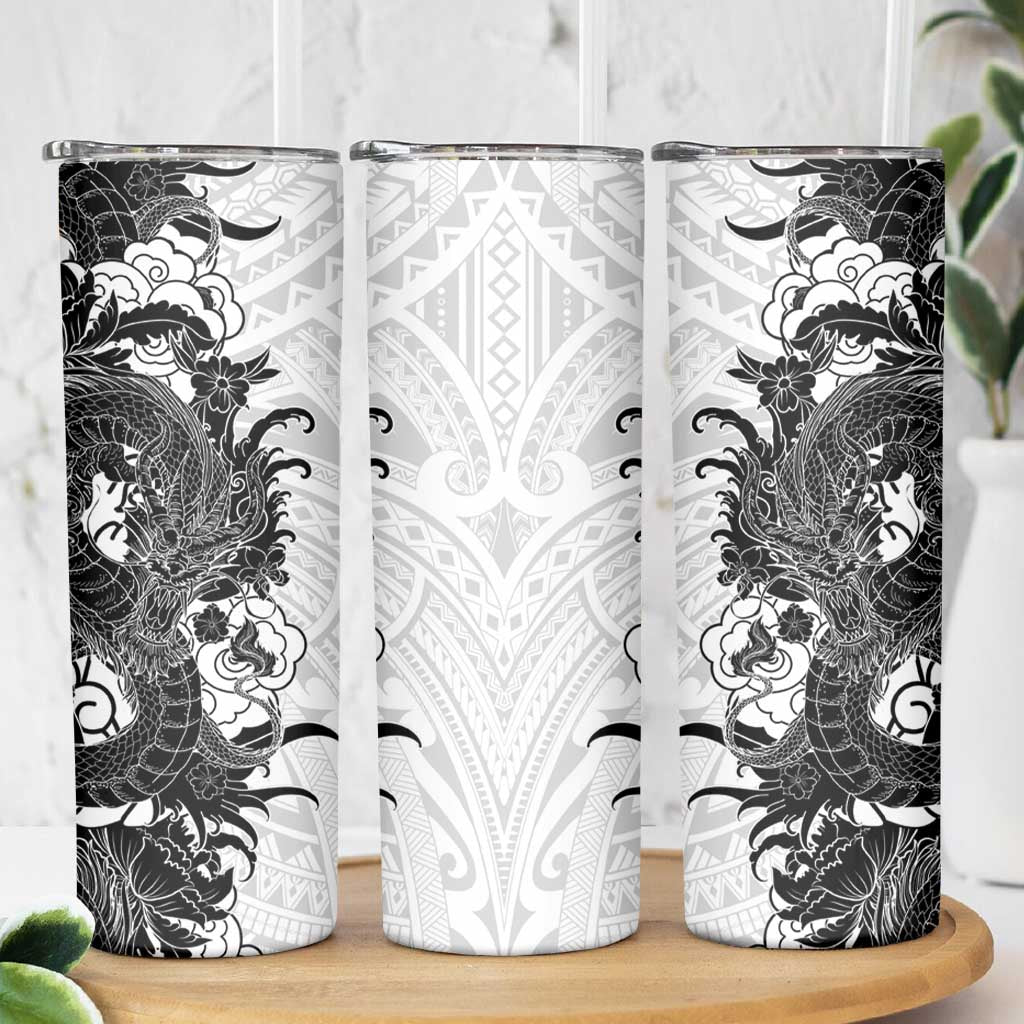Hawaiian And Japanese Culture Skinny Tumbler Irezumi Dragon With Polynesian Pattern White - Polynesian Pride