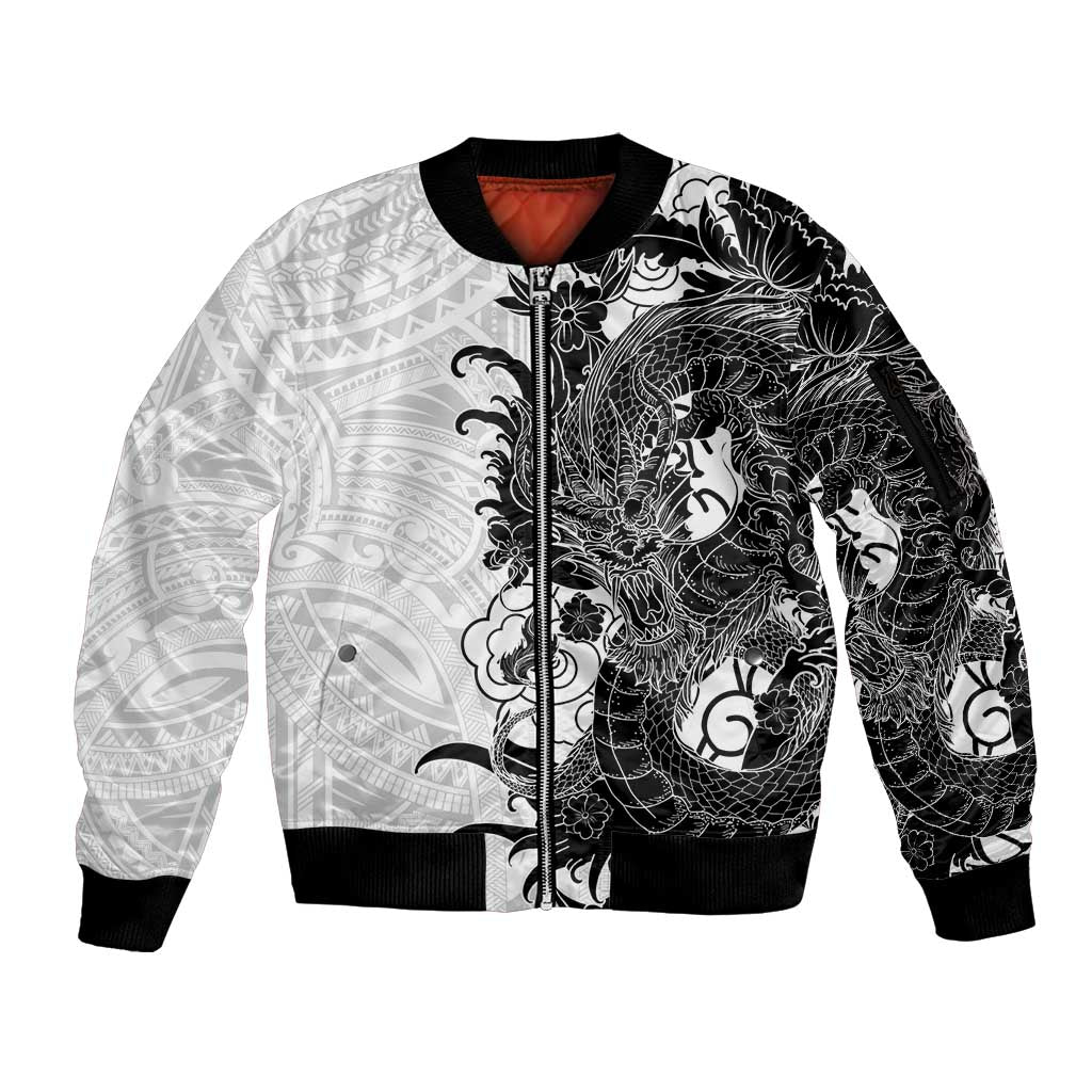 Hawaiian And Japanese Culture Sleeve Zip Bomber Jacket Irezumi Dragon With Polynesian Pattern White - Polynesian Pride