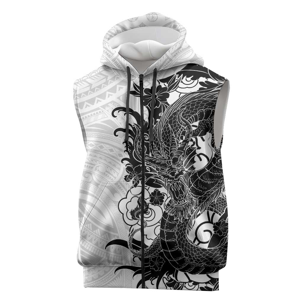 Hawaiian And Japanese Culture Sleeveless Zip Hoodie Irezumi Dragon With Polynesian Pattern White - Polynesian Pride