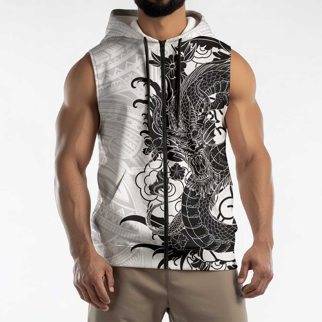 Hawaiian And Japanese Culture Sleeveless Zip Hoodie Irezumi Dragon With Polynesian Pattern White - Polynesian Pride