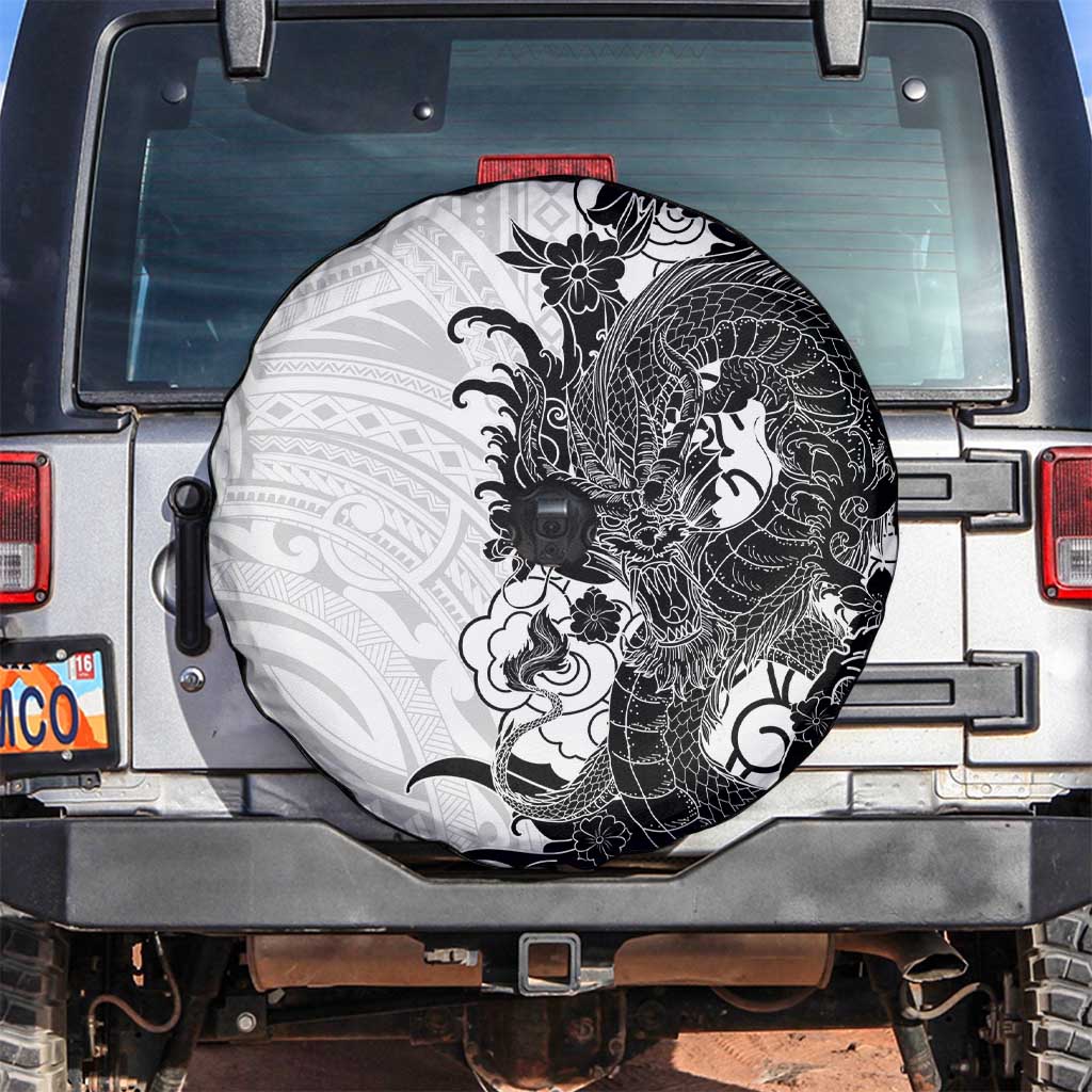 Hawaiian And Japanese Culture Spare Tire Cover Irezumi Dragon With Polynesian Pattern White - Polynesian Pride