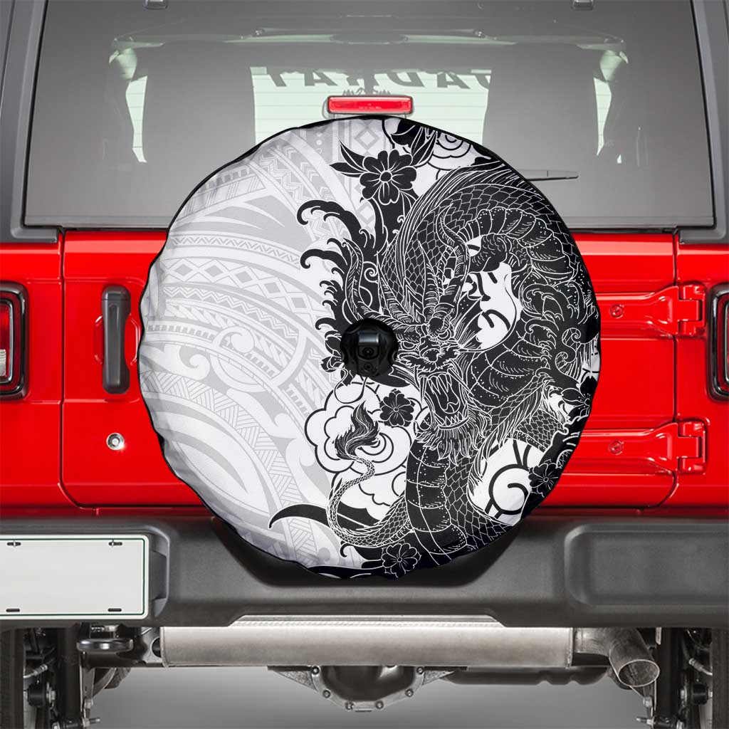 Hawaiian And Japanese Culture Spare Tire Cover Irezumi Dragon With Polynesian Pattern White - Polynesian Pride