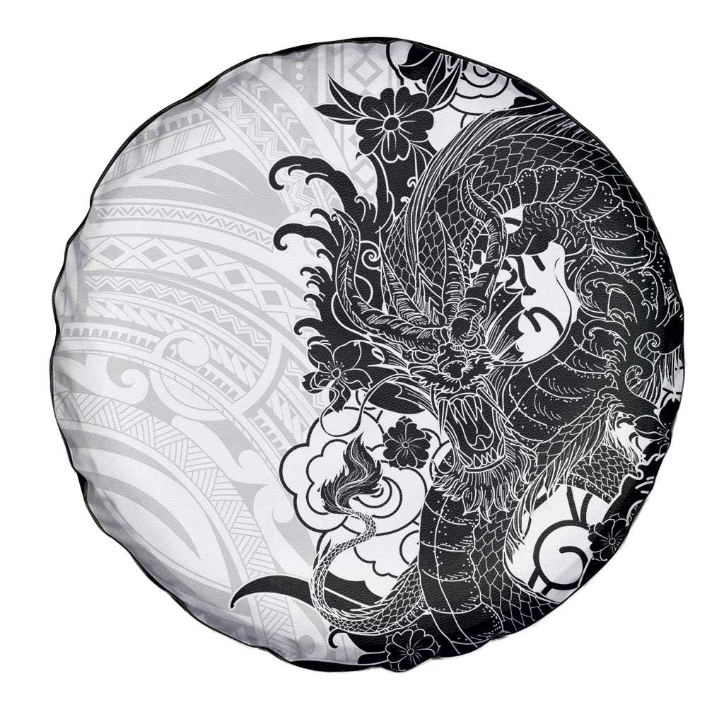 Hawaiian And Japanese Culture Spare Tire Cover Irezumi Dragon With Polynesian Pattern White - Polynesian Pride