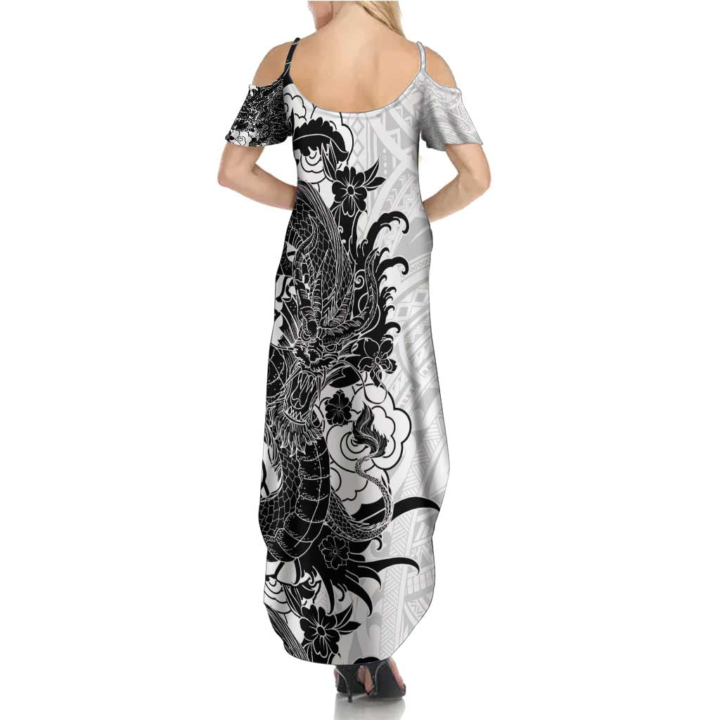 Hawaiian And Japanese Culture Summer Maxi Dress Irezumi Dragon With Polynesian Pattern White - Polynesian Pride