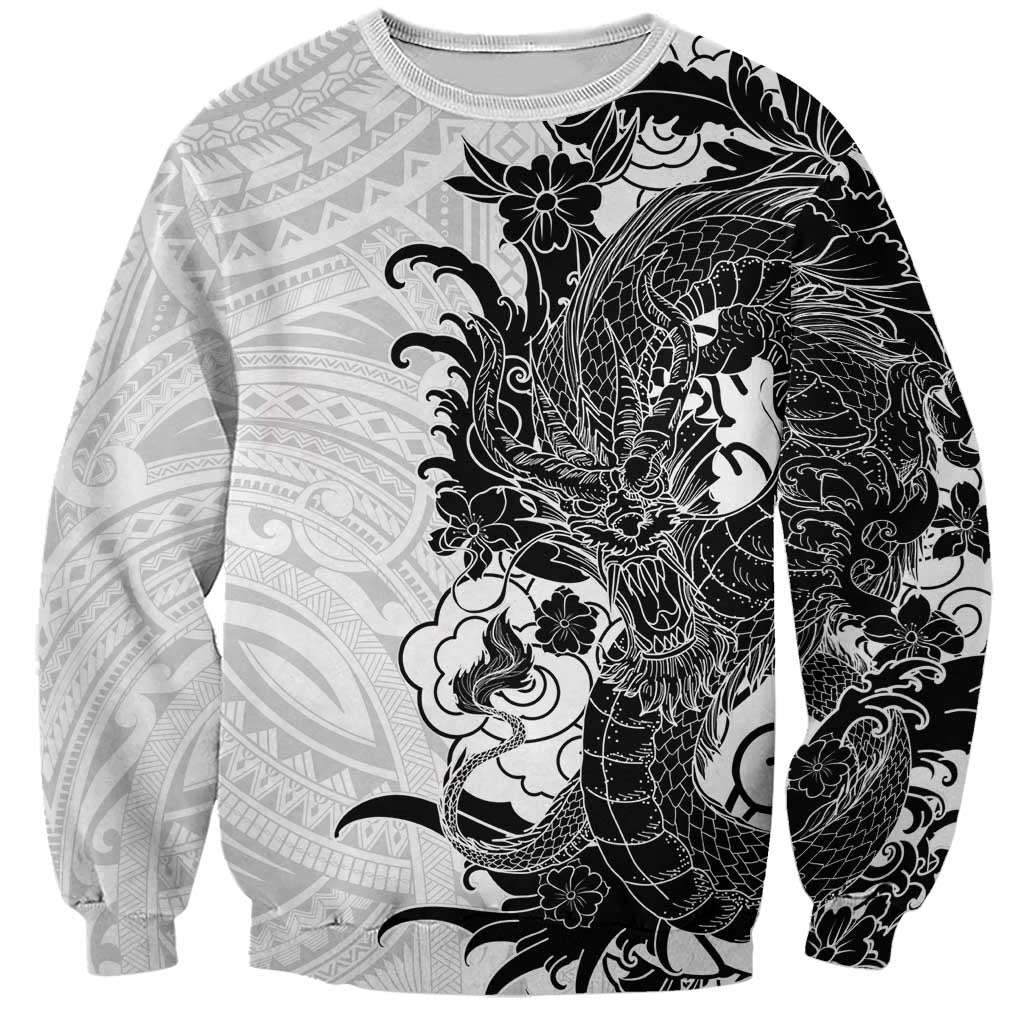 Hawaiian And Japanese Culture Sweatshirt Irezumi Dragon With Polynesian Pattern White - Polynesian Pride