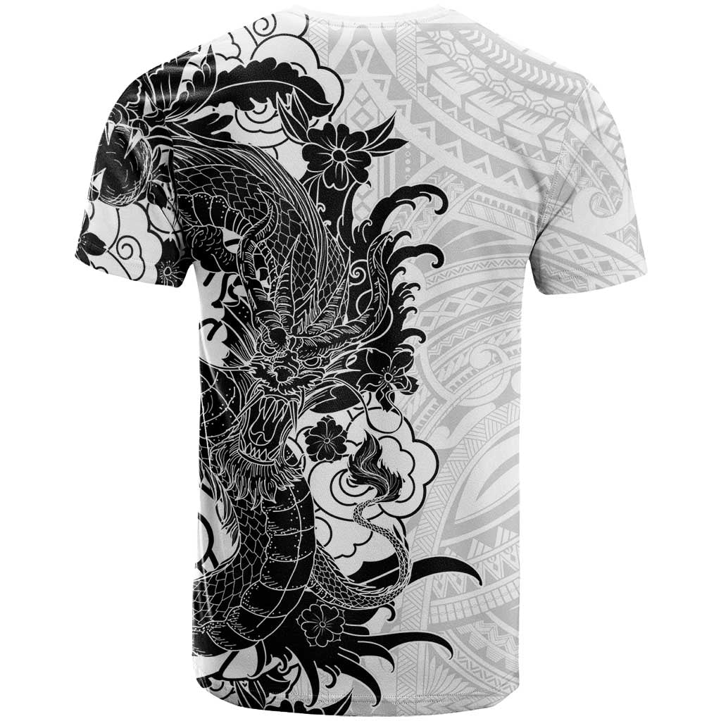 Hawaiian And Japanese Culture T Shirt Irezumi Dragon With Polynesian Pattern White - Polynesian Pride