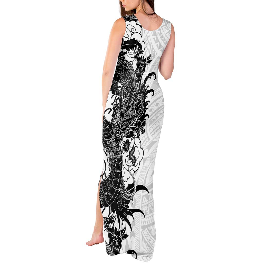 Hawaiian And Japanese Culture Tank Maxi Dress Irezumi Dragon With Polynesian Pattern White - Polynesian Pride