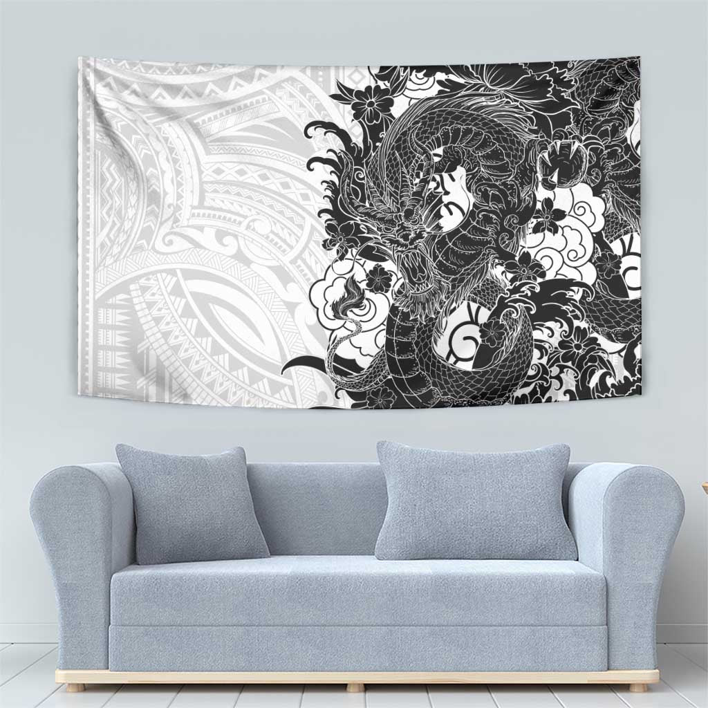 Hawaiian And Japanese Culture Tapestry Irezumi Dragon With Polynesian Pattern White - Polynesian Pride