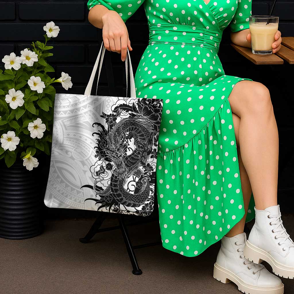 Hawaiian And Japanese Culture Tote Bag Irezumi Dragon With Polynesian Pattern White - Polynesian Pride