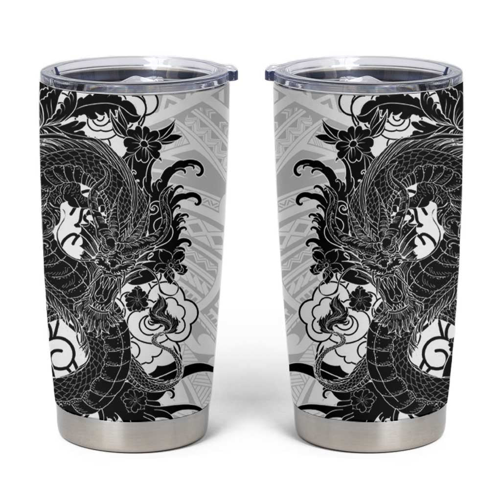 Hawaiian And Japanese Culture Tumbler Cup Irezumi Dragon With Polynesian Pattern White - Polynesian Pride