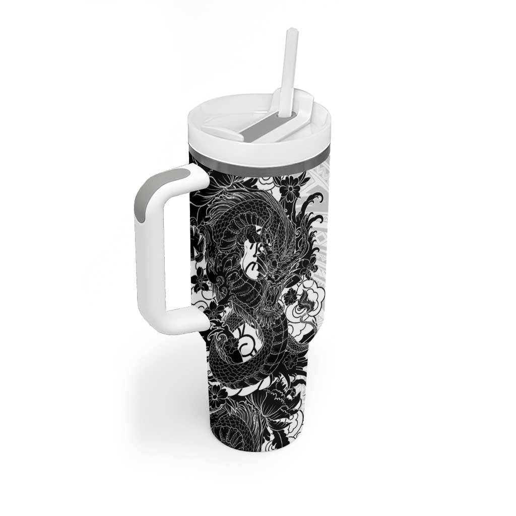 Hawaiian And Japanese Culture Tumbler With Handle Irezumi Dragon With Polynesian Pattern White - Polynesian Pride