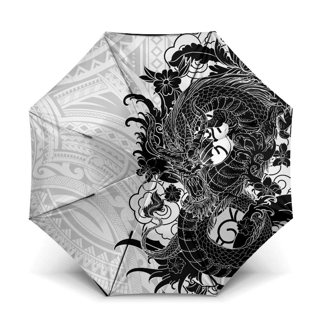 Hawaiian And Japanese Culture Umbrella Irezumi Dragon With Polynesian Pattern White - Polynesian Pride