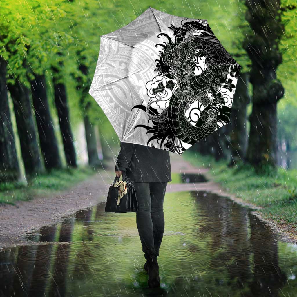 Hawaiian And Japanese Culture Umbrella Irezumi Dragon With Polynesian Pattern White - Polynesian Pride
