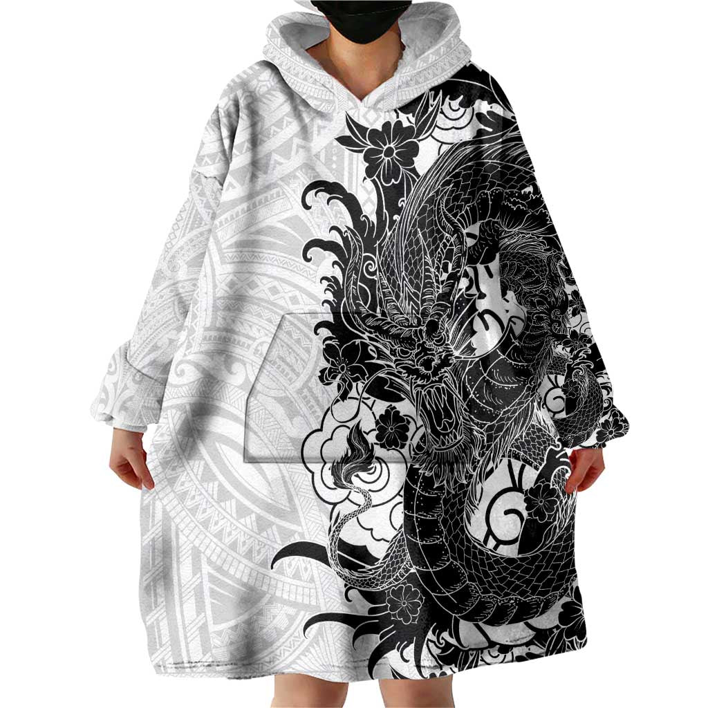Hawaiian And Japanese Culture Wearable Blanket Hoodie Irezumi Dragon With Polynesian Pattern White - Polynesian Pride