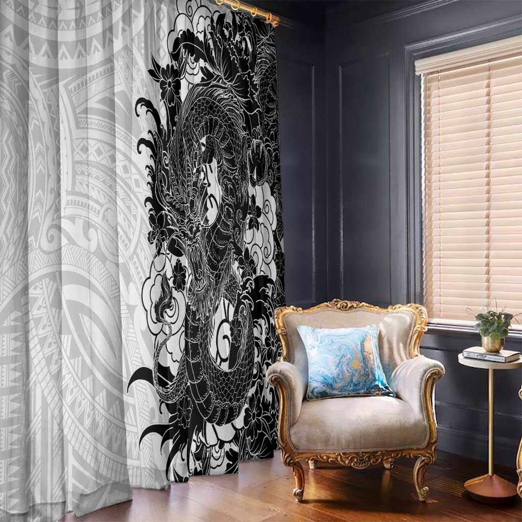 Hawaiian And Japanese Culture Window Curtain Irezumi Dragon With Polynesian Pattern White - Polynesian Pride