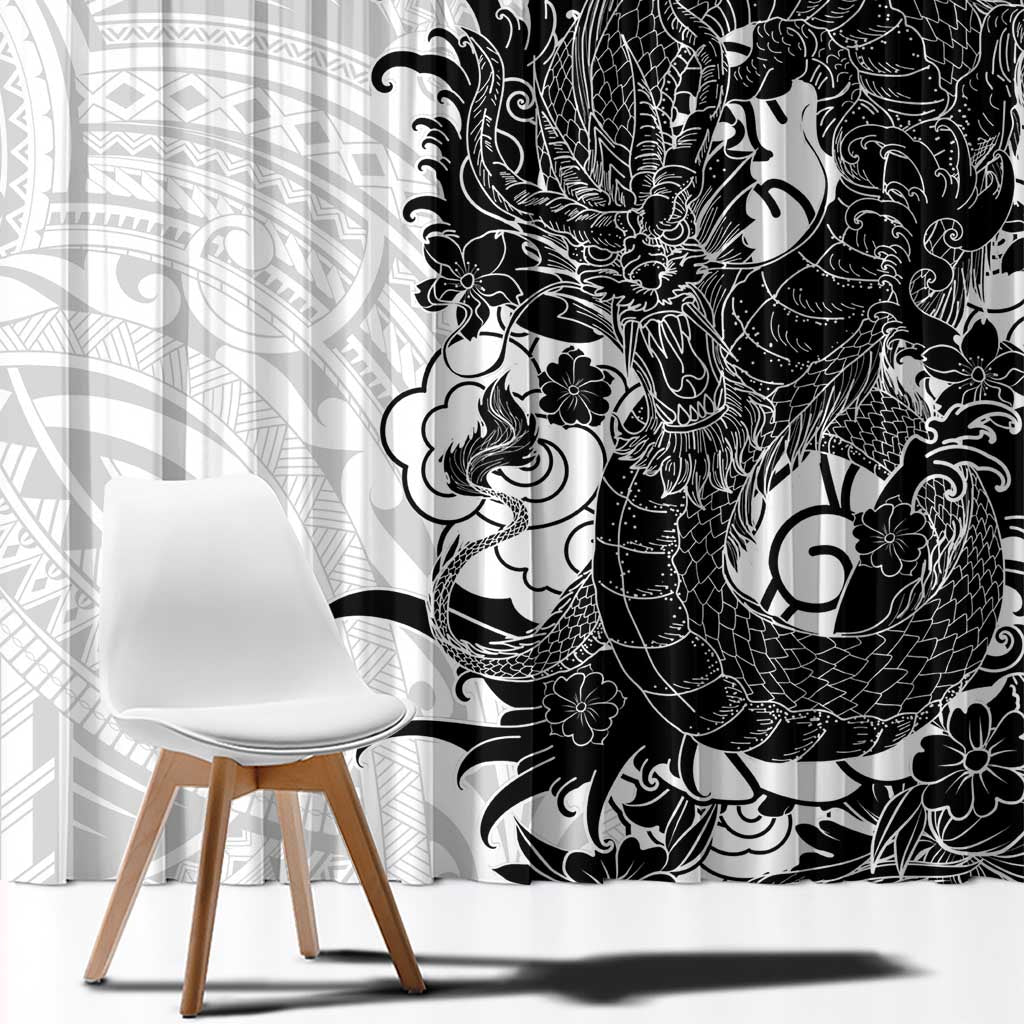 Hawaiian And Japanese Culture Window Curtain Irezumi Dragon With Polynesian Pattern White - Polynesian Pride