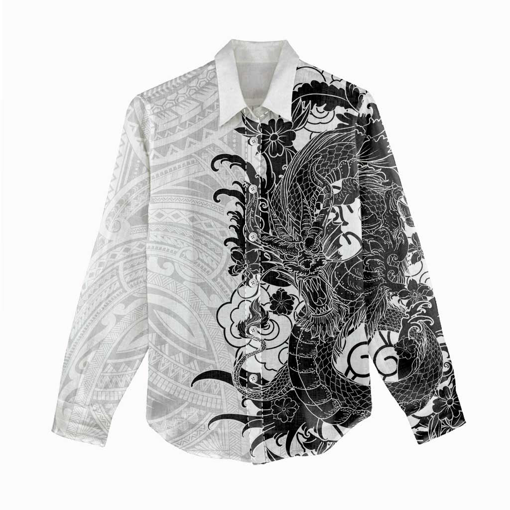 Hawaiian And Japanese Culture Women Casual Shirt Irezumi Dragon With Polynesian Pattern White - Polynesian Pride